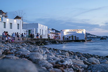 Little Venice at twilight, Chora (Mykonos Town), Mykonos Island, Cyclades, Greek Islands, Greece, Europe