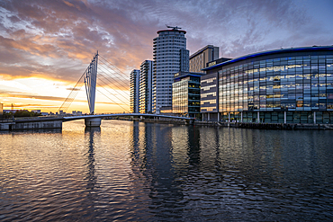 Media City at twilight, Salford Quays, Manchester, Lancashire, England, United Kingdom