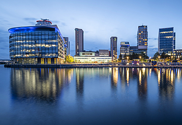 Media City, at twilight, Salford Quays, Manchester, Lancashire, England, United Kingdom