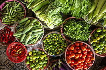 Fresh produce in food market near Ben Tre, Can Tho Province, Mekong Delta, South Vietnam