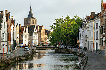 Early morning light on traditional buildings in old town, Bruges, Belgium