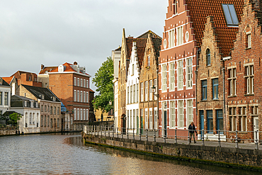 Early morning light on traditional buildings in old town, Bruges, Belgium