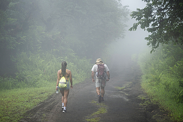 Woman hiking through forest on Sierra Negra volcano, Isabela Island, Galapagos Islands, Ecuador
