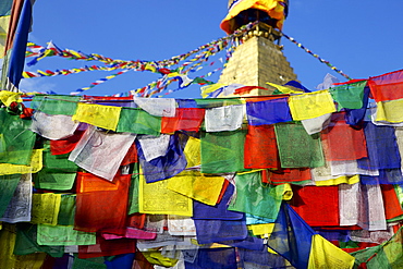 Prayer flags in front of Boudha (Bodhnath) (Boudhanath) Tibetan stupa in Kathmandu, UNESCO World Heritage Site, Nepal, Asia