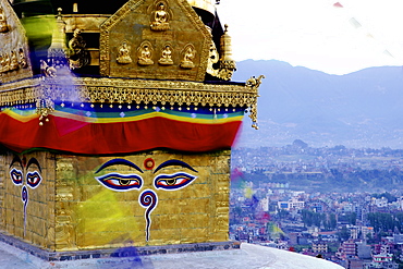 Higher view of the Buddhist stupa, Swayambu (Swayambhunath) (Monkey Temple), UNESCO World Heritage Site, Kathmandu, Nepal, Asia