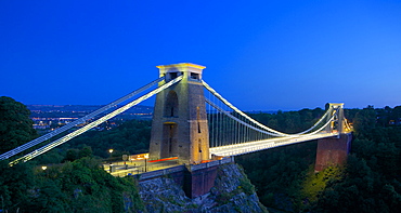 Clifton Suspension Bridge lit up at night, Bristol, England, United Kingdom, Europe