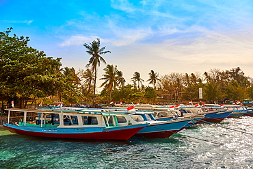 Boats moored in Gili Air's harbour, Indonesia, Southeast Asia, Asia