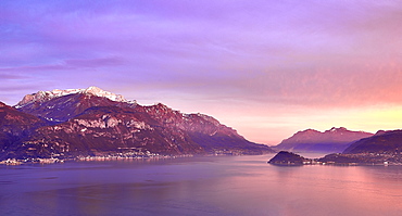 Bellagio and Varenna viewed from Menaggio on the western shore of Lake Como at sunset, Lombardy, Italian Lakes, Italy, Europe