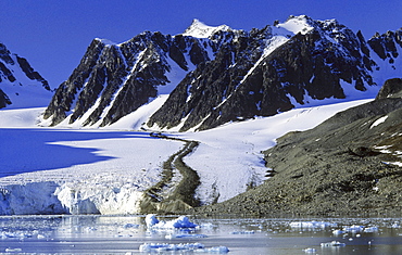 Emmabreen with its glacier moraines in Liefdefjorden. Northern Spitsbergen 