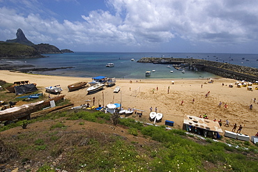 Main harbour, Baia de Santo Antonio, Praia do Porto, Fernando de Noronha, Pernambuco, Brazil, South America