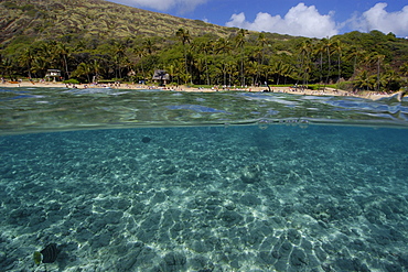 Split image of sandy substrate and beach, Hanauma Bay, Oahu, Hawaii, United States of America, Pacific