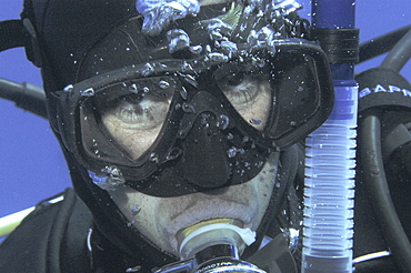 Detail of scuba diver's face, Cayman Islands, Caribbean