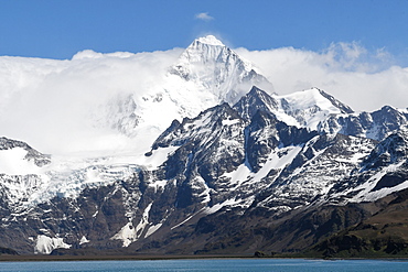 Snow-covered Mount Sugartop in the Allardyce Range, Cumberland East Bay, South Georgia, Polar Regions