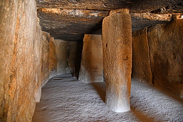 Interior of the Dolmen de Menga chamber, showing the large pillars and stone slabs, Antequera, Malaga province, Andalusia, Spain, Europe