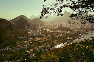 Views of Rio de Janeiro and Christ the Redeemer from Sugarloaf mountain (Pao de Acuca) at sunset, Rio de Janeiro, Brazil, South America