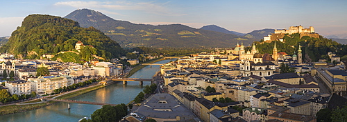 View of Salzach River, The Old City with Hohensalzburg Castle to the right and the New City to the left, Salzburg, Austria, Europe