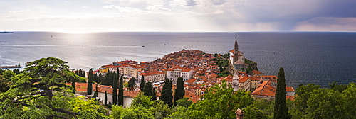 Piran and the Mediterranean Sea, seen from Piran Town Walls, Piran, Primorska, Slovenian Istria, Slovenia, Europe