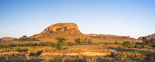 Mountains of Isalo National Park at sunrise, Ihorombe Region, Southwest Madagascar, Africa