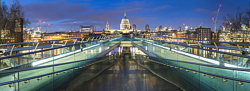 St. Pauls Cathedral at night, seen across Millennium Bridge, City of London, London, England, United Kingdom, Europe