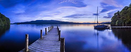 Pier on Windermere at sunset, Lake District National Park, UNESCO World Heritage Site, Cumbria, England, United Kingdom, Europe