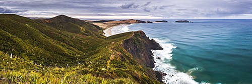 Te Werahi Beach at sunrise, with Te Paki Coastal Track path visible, Cape Reinga, North Island, New Zealand, Pacific