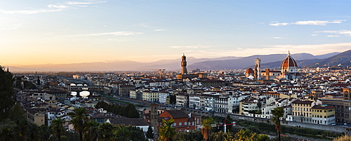 View over Florence at sunset, seen from Piazzale Michelangelo Hill, Florence, Tuscany, Italy, Europe