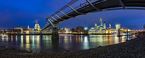 St. Pauls Cathedral and Millennium Bridge at night, City of London, London, England, United Kingdom, Europe