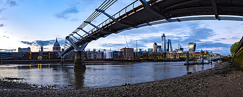 St. Pauls Cathedral, The City of London and Millennium Bridge at night, London, England, United Kingdom, Europe