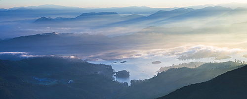 Adams Peak (Sri Pada) view at sunrise, mountains and the Maussakele Reservoir, Central Highlands, Sri Lanka, Asia