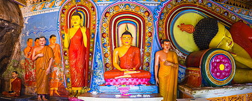 Colourful Buddha statues at Isurumuniya Vihara, Anuradhapura, UNESCO World Heritage Site, Sri Lanka,Asia