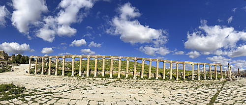 Columns of the Oval Plaza in the ancient city of Jerash, believed to be founded in 331 BC by Alexander the Great, Jerash, Jordan, Middle East