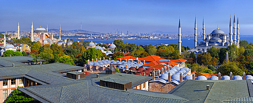 Panorama over Haghia Sophia and Sultan Ahmnet Mosque, UNESCO World Heritage Site, Istanbul, Turkey, Europe