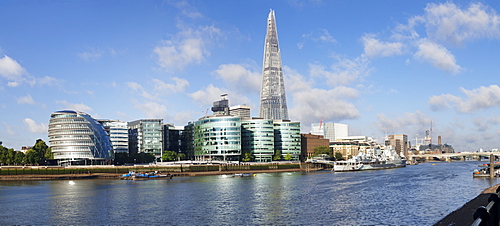 View over River Thames to South Bank with City Hall and Shard Building, London, England, United Kingdom, Europe