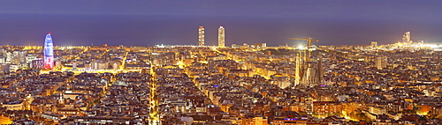 Barcelona skyline with Torre Agbar and Sagrada Familia by architect Antonio Gaudi, Barcelona, Catalonia, Spain, Europe