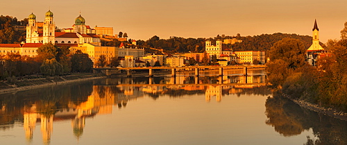 Panorama with St. Stephen's Cathedral at sunset in Passau, Germany, Europe