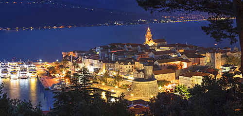 View over the Old Town of Korcula at night, Island of Korcula, Dalmatia, Croatia, Europe