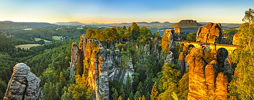 View from Bastei Bridge at sunrise to Lilienstein Mountain, Elbsandstein Mountains, Saxony, Germany, Europe