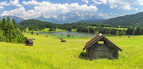 Geroldsee Lake against Karwendel Mountains in summer, Klais, Werdenfelser Land, Upper Bavaria, Germany, Europe