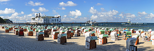 Pier and beach chairs on the beach of Sellin, Ruegen Island, Baltic Sea, Mecklenburg-Western Pomerania, Germany, Europe