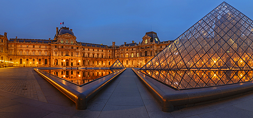 Pyramide at Louvre Museum at dusk, Paris, Ile de France, France, Europe