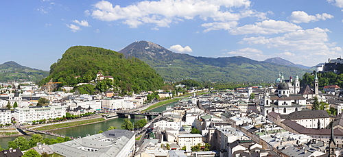 High angle view from Monchsberg mountain over the old town of Salzburg, UNESCO World Heritage Site, Salzburger Land, Austria, Europe