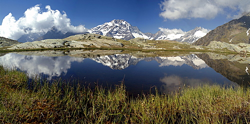 Panorama of Mount Disgrazia reflected in the lake Vazzeda, Alpe Fora, Malenco Valley, Valtellina, Lombardy, Italy, Europe