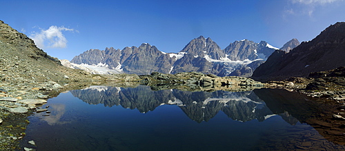 Panorama of Laghetto Forbici and Bernina Group on a summer day, Malenco Valley, Valtellina, Lombardy, Italy, Europe