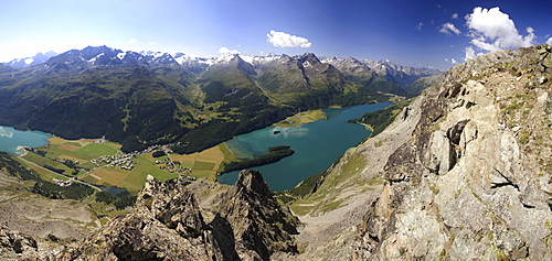 Panoramic view of lakes, St. Moritz, Engadine, Canton of Graubunden, Switzerland, Europe