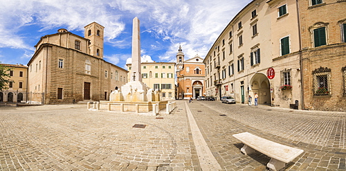 Historical buildings and obelisk of the ancient Piazza Federico II, Jesi, Province of Ancona, Marche, Italy, Europe