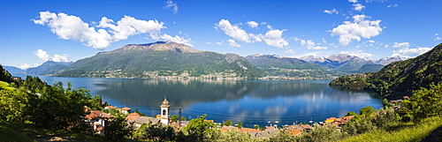 View of the bell tower and village of Dorio, Lake Como, Province of Lecco, Italian Lakes, Lombardy, Italy, Europe