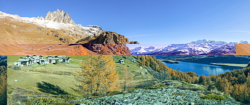 Panorama of Lake Sils and the alpine village of Grevasalvas, Maloja, Canton of Graubunden, Swiss Alps, Switzerland, Europe