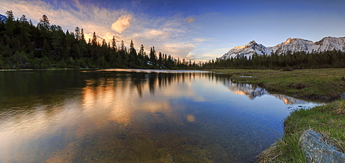 Panorama of Lake Entova at dawn, Malenco Valley, Province of Sondrio, Valtellina, Lombardy, Italy, Europe