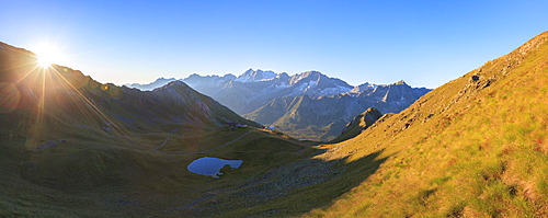 Panorama of Cima Presanella at dawn seen from Monte Tonale, Valcamonica, border Lombardy and Trentino-Alto Adige, Italy, Europe