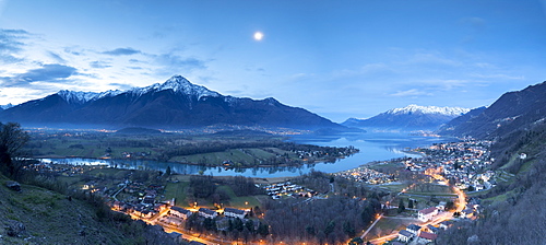 Panorama of Sorico and Lake Como seen from Chiesa Di San Miro at dusk, Province of Como, Lombardy, Italy, Europe